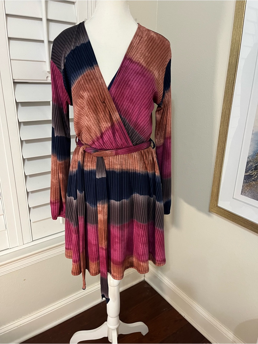 Striped Tie-Waist Long Sleeve Dress in Pink, Navy & Brown
